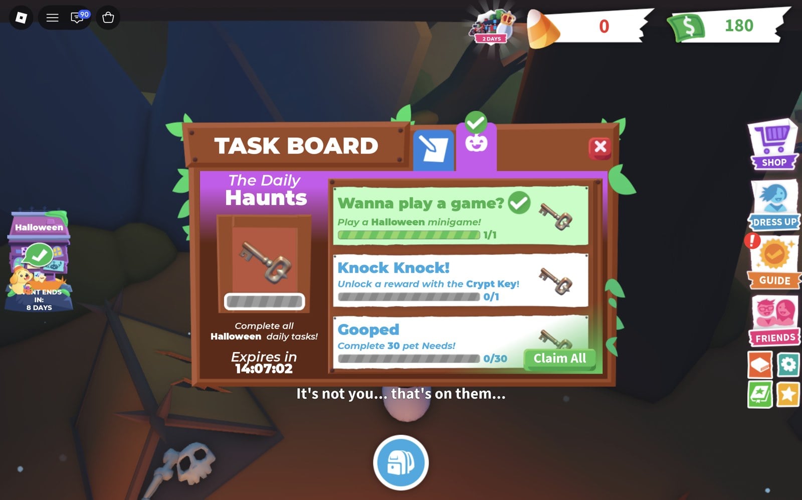 Adopt Me Halloween TASK BOARD on The Daily Haunts tab with Wanna play a game? complete at 1/1 and the Claim All button