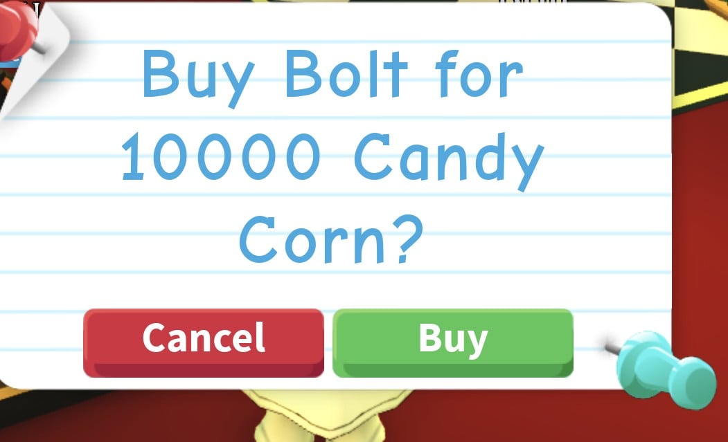 Adopt Me buy prompt reading Buy Bolt for 10000 Candy Corn? with Cancel and Buy buttons