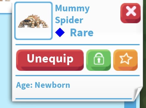 Adopt Me backpack pet card for the Mummy Spider, Rare, Age Newborn