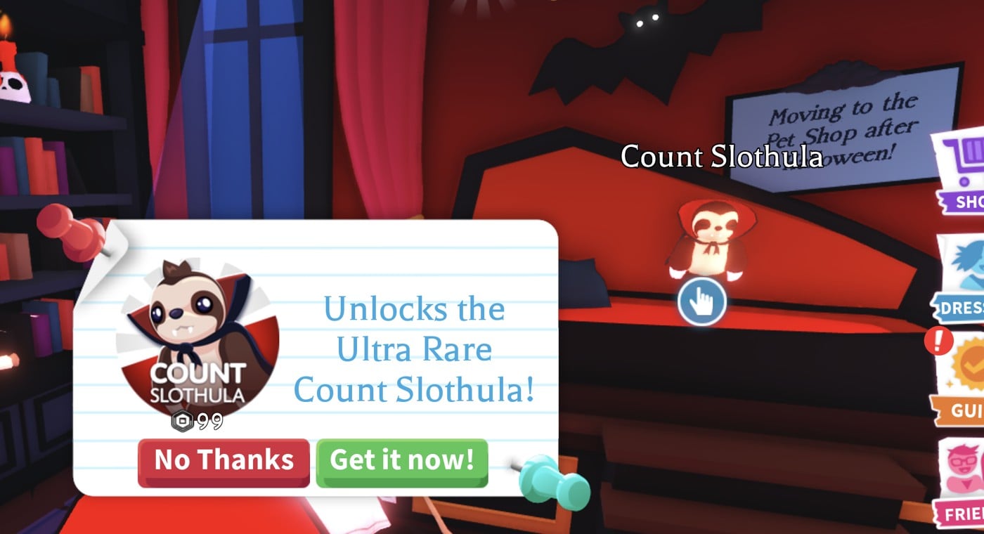 Count Slothula offer card reading Unlocks the Ultra Rare Count Slothula! in the red room, with the Moving to the Pet Shop after Halloween sign behind