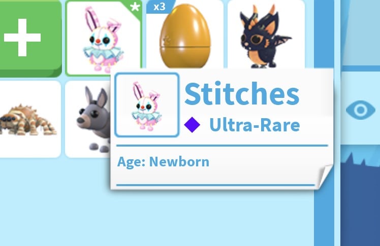 Adopt Me backpack pet card for Stitches, Ultra-Rare, Age Newborn