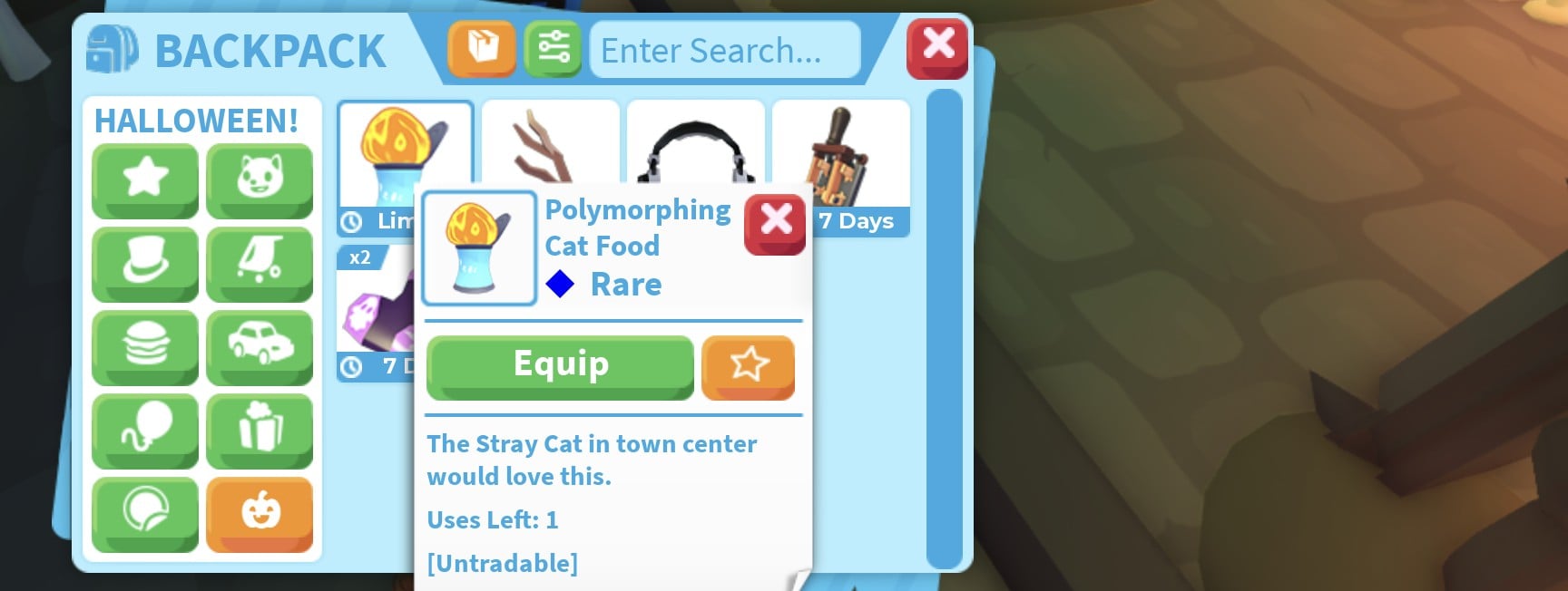 Adopt Me backpack card for Polymorphing Cat Food, Rare, with an Equip button and the text The Stray Cat in town center would love this, Uses Left 1, Untradable