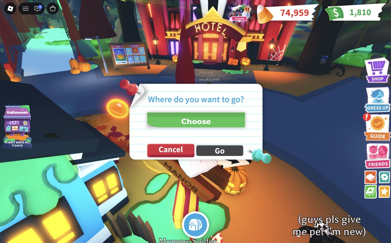 The Where do you want to go? box from the signpost at the Adopt Me spawn plaza, with Choose, Cancel and Go buttons