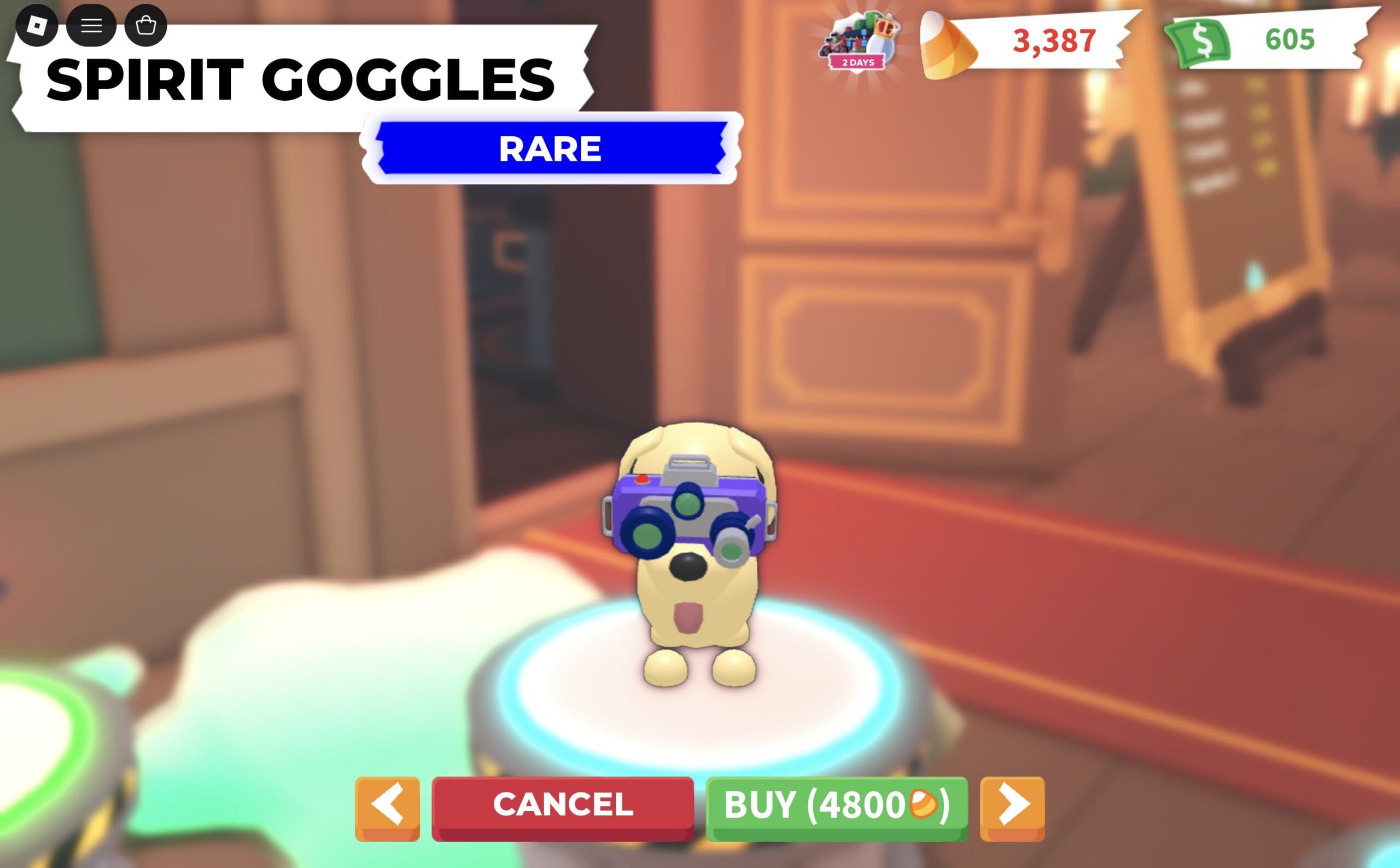 Rare Spirit Goggles card in the Adopt Me accessory carousel with a BUY button for 4800 Candy Corn