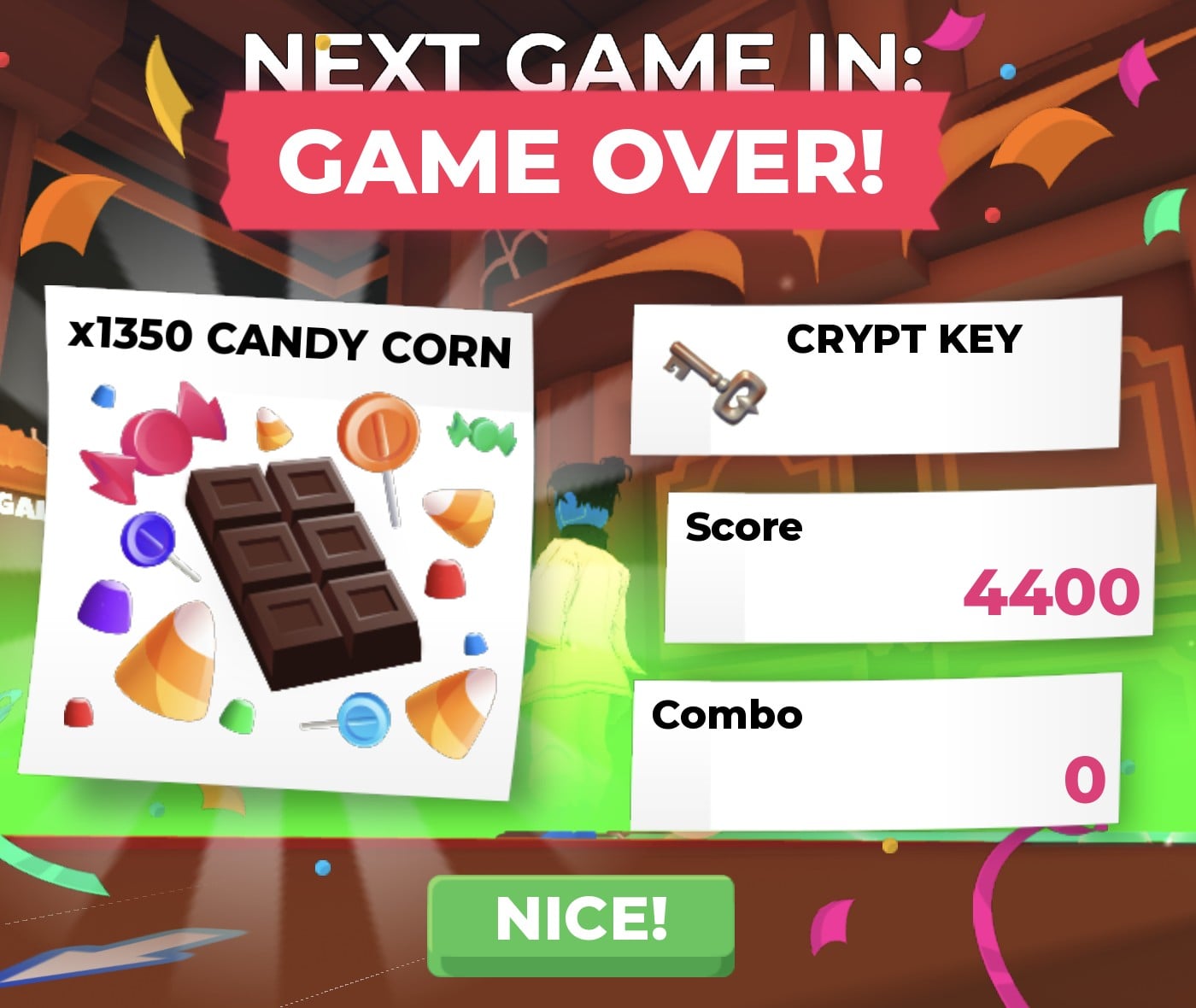 Ghost Gallery GAME OVER screen in Adopt Me: x1350 Candy Corn and a Crypt Key for Score 4400, Combo 0