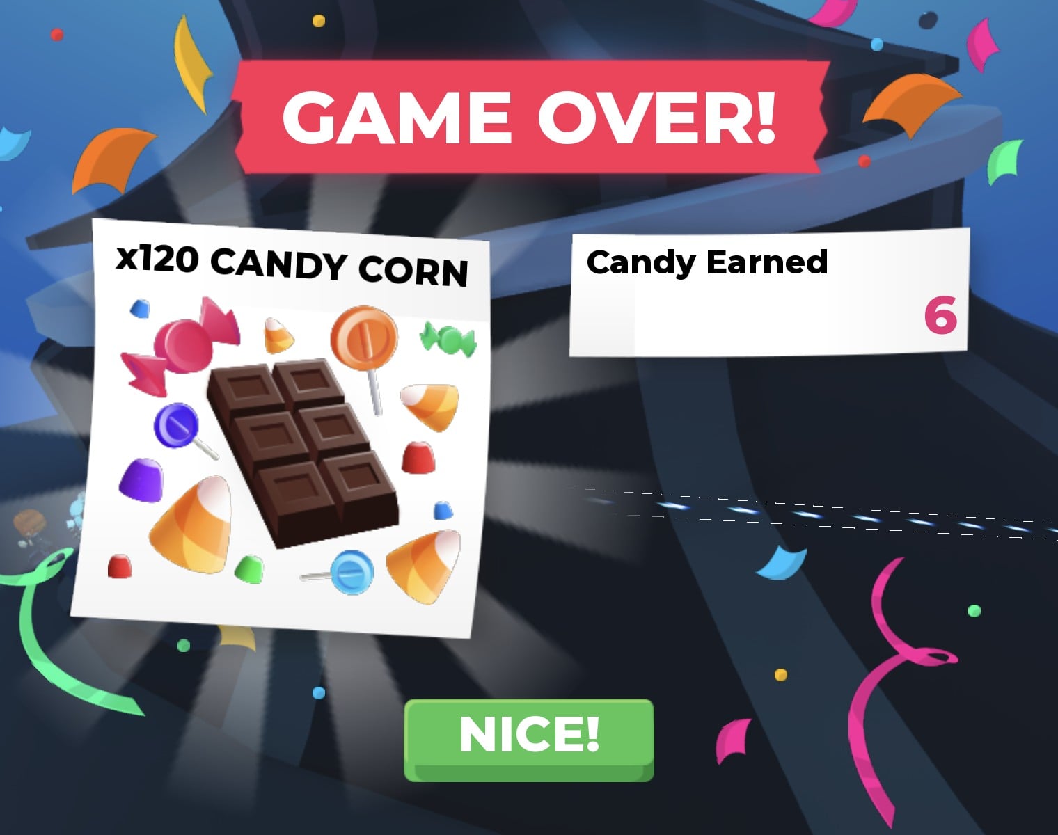 Stitches' Spotlight GAME OVER screen in Adopt Me: x120 Candy Corn for 6 Candy Earned