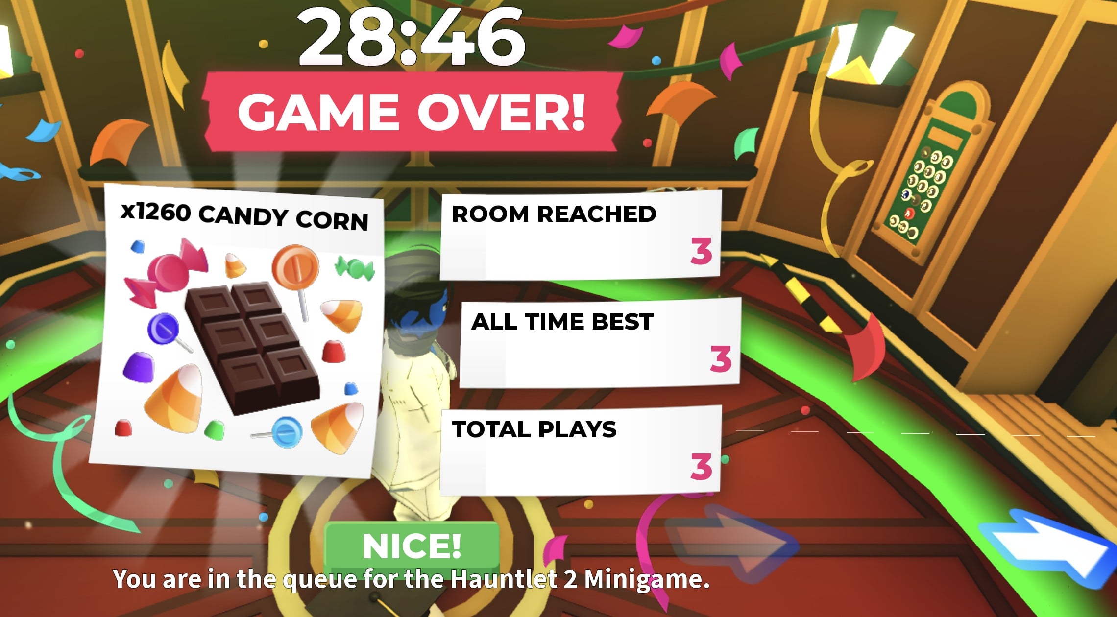 Hauntlet 2 GAME OVER screen in Adopt Me: x1260 Candy Corn, Room Reached 3, All Time Best 3, Total Plays 3