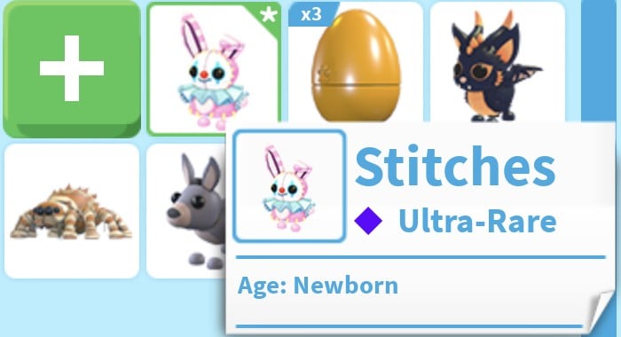 Adopt Me backpack pet card for Stitches, Ultra-Rare with a purple diamond, Age Newborn