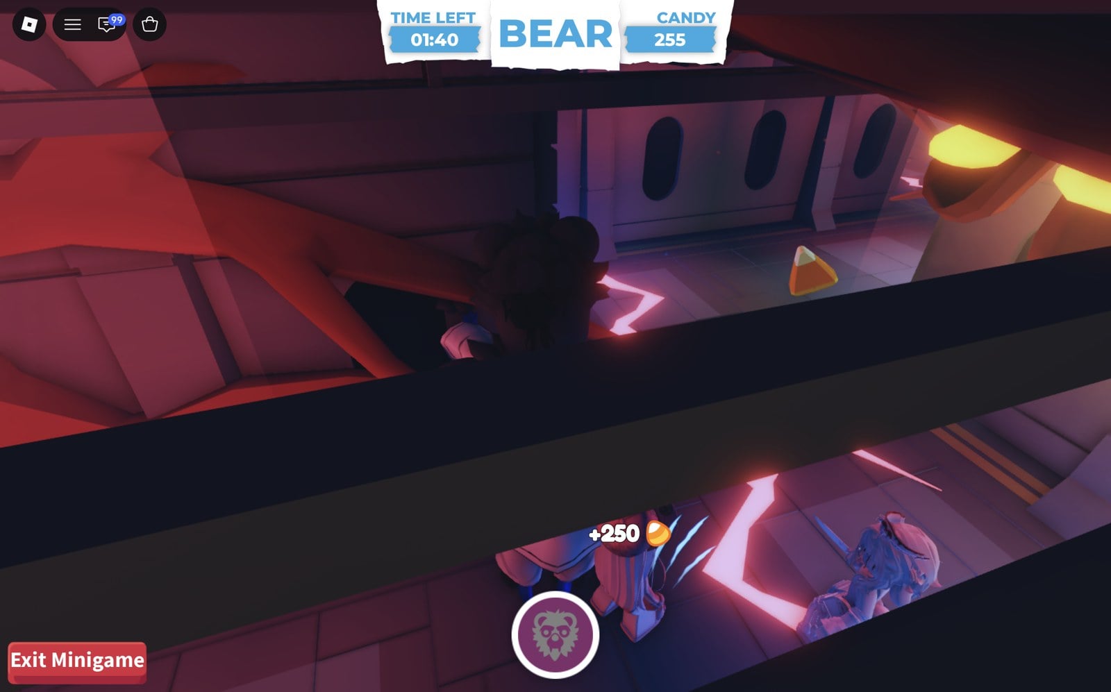 Where Bear? Bear role catching a survivor, with +250 popping up and the HUD candy count at 255