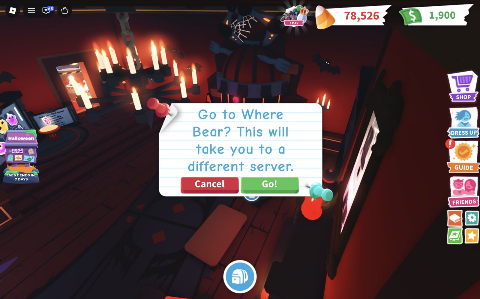 Adopt Me prompt Go to Where Bear? This will take you to a different server, with Cancel and Go! buttons, in Count Slothula's red room