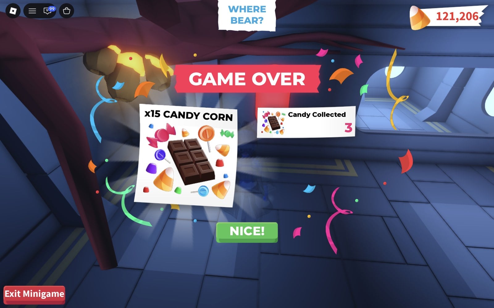 Where Bear? GAME OVER card after a Hunter round: x15 Candy Corn and Candy Collected 3
