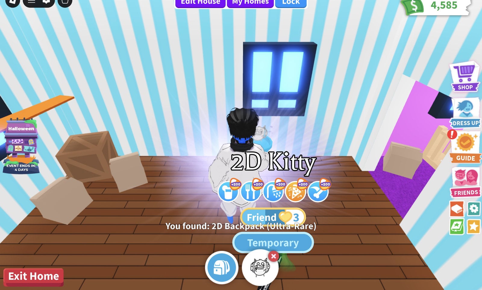 Reward message reading You found: 2D Backpack (Ultra-Rare) on the home screen