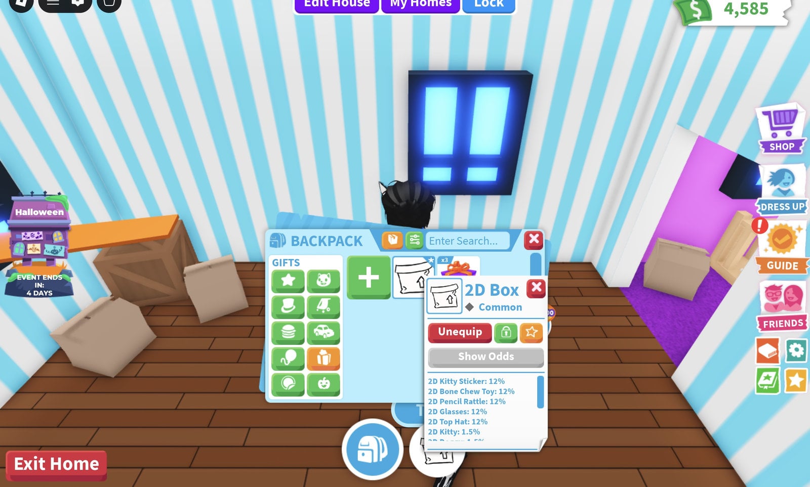 Common 2D Box selected in the Adopt Me backpack with its odds list open, showing items and percentages