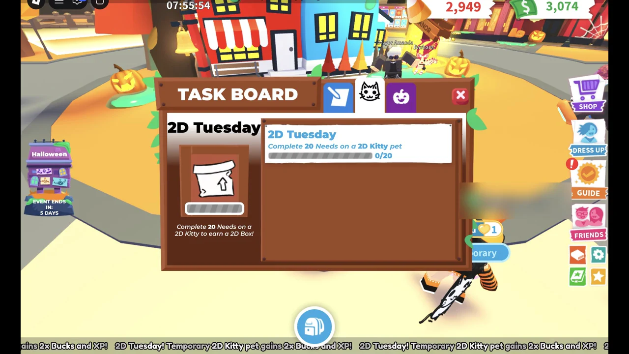 TASK BOARD 2D Tuesday tab showing the Complete 20 Needs on a 2D Kitty pet task at 0/20