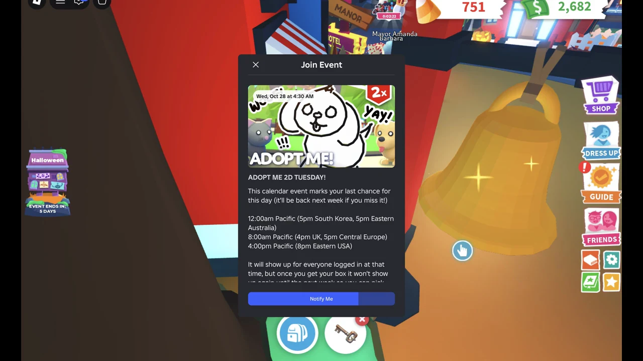 ADOPT ME 2D TUESDAY! Join Event card with event details and a Notify Me reminder button