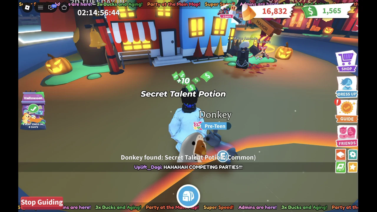 Donkey pet picking up a potion on a rainbow path while the event ticker runs