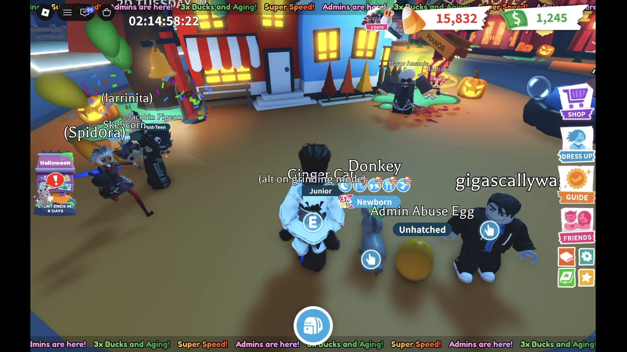 Another player's unhatched Admin Abuse Egg next to a Donkey pet at the start of the Adopt Me Admin Abuse
