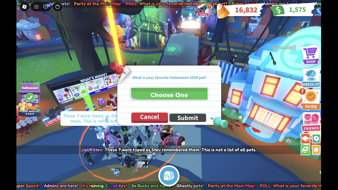 In-game poll asking players to pick their favorite Halloween 2026 pet before submitting