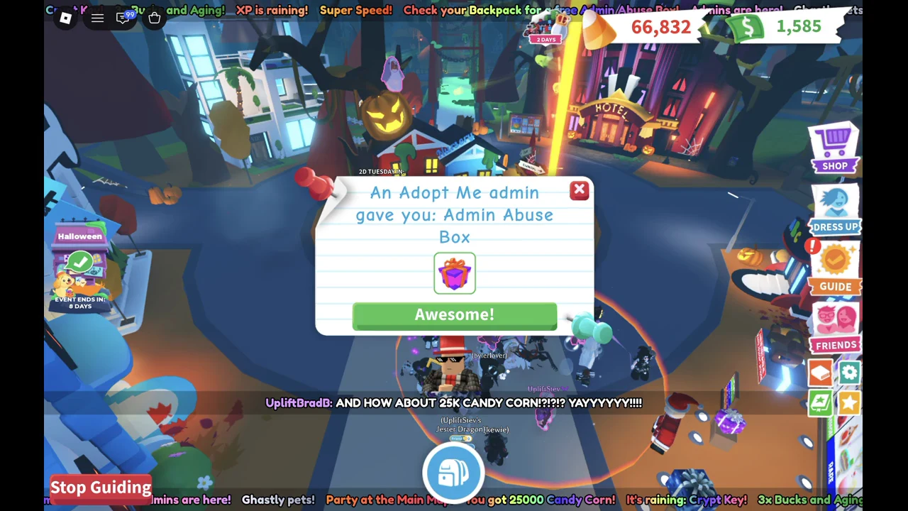Reward pop-up with a gift-box icon for the Admin Abuse Box and an Awesome! button