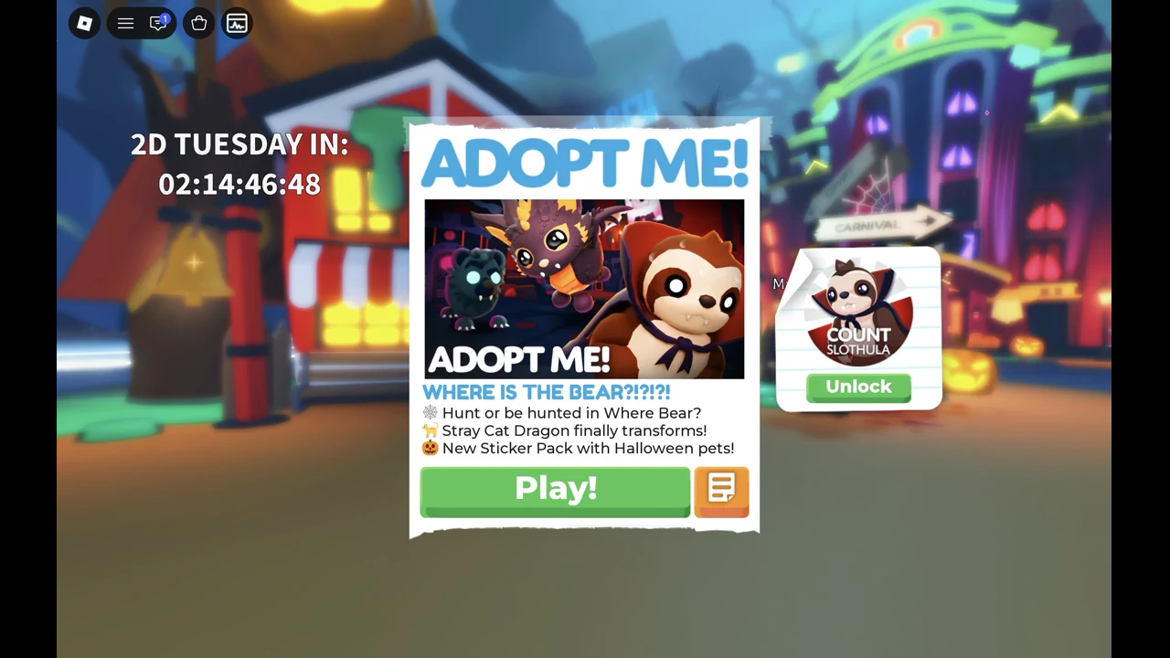 Adopt Me title screen with the 2D TUESDAY IN countdown after the Admin Abuse