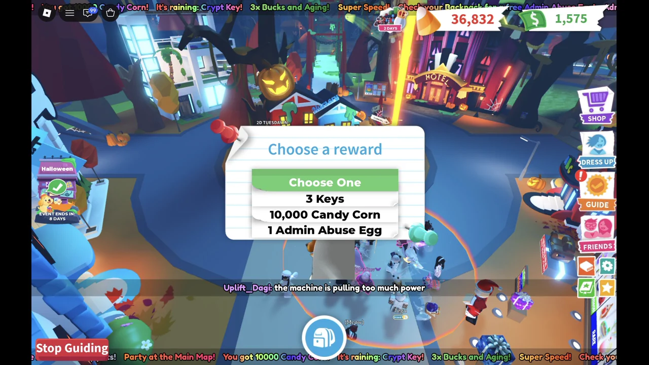 Choose a reward poll with a dropdown listing 3 Keys, 10,000 Candy Corn and 1 Admin Abuse Egg