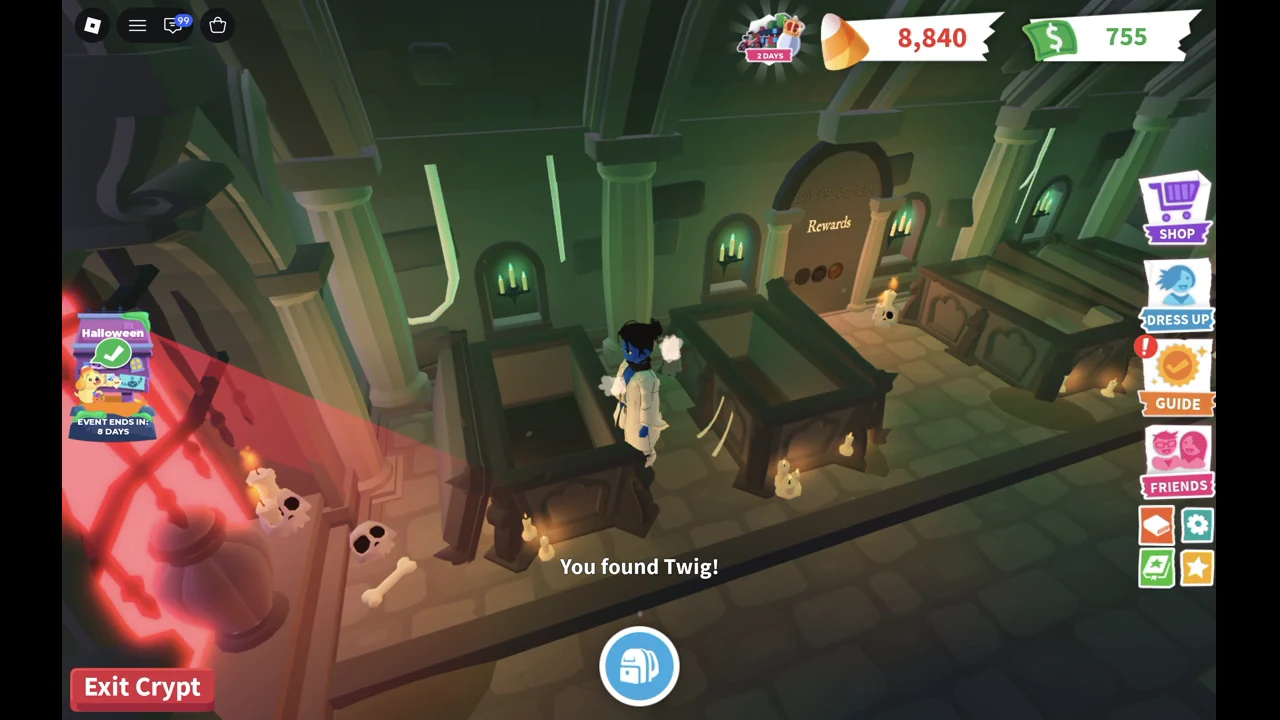 Crypt screen showing the message You found Twig! next to an opened coffin and the Exit Crypt button