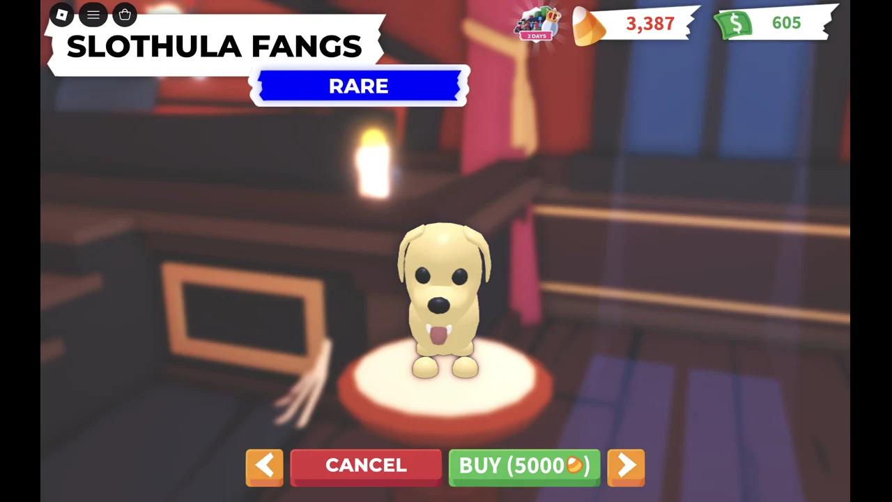Rare Slothula Fangs card in the accessory carousel with a BUY button for 5000 Candy Corn