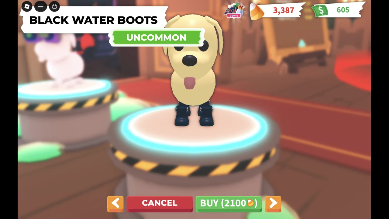 Uncommon Black Water Boots card with a Buy button priced at 2100 Candy Corn
