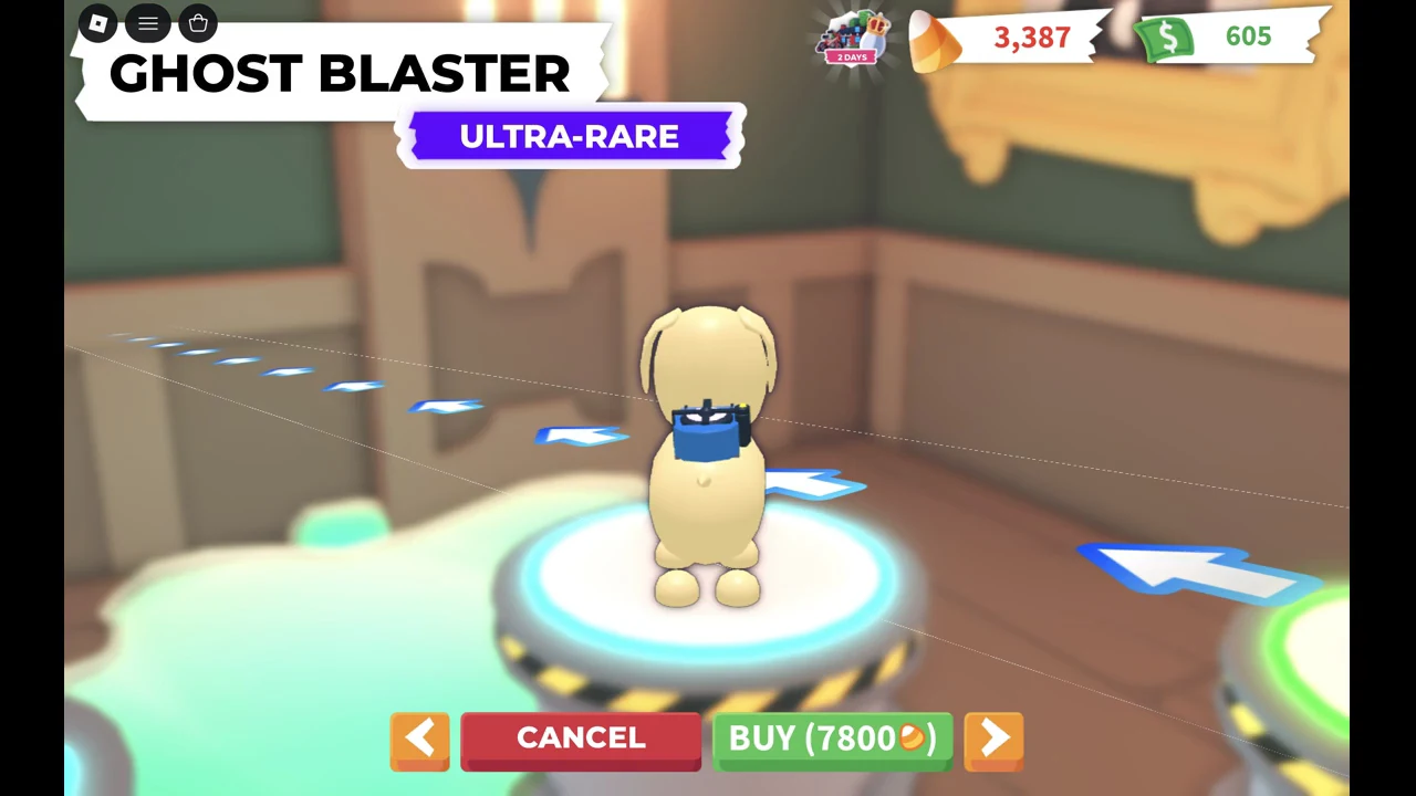 Ultra-Rare Ghost Blaster accessory card with a green BUY button showing 7800 Candy Corn