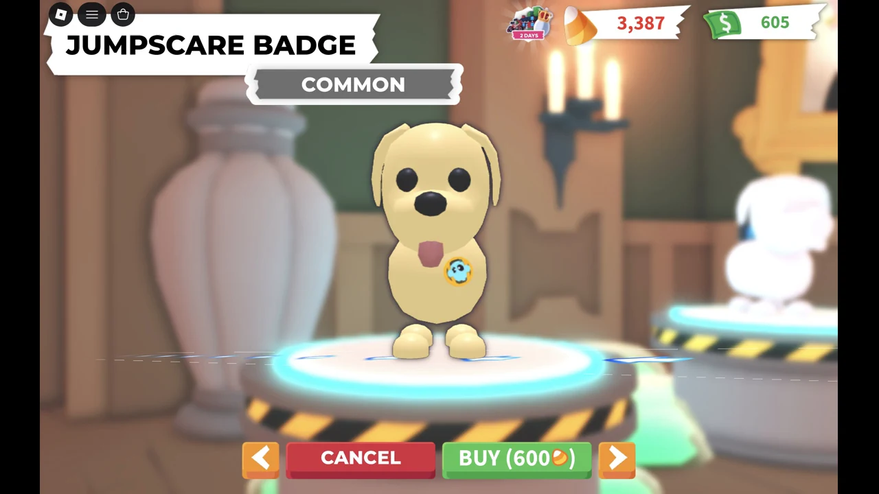 Common Jumpscare Badge card in the accessory carousel with a Buy button for 600 Candy Corn