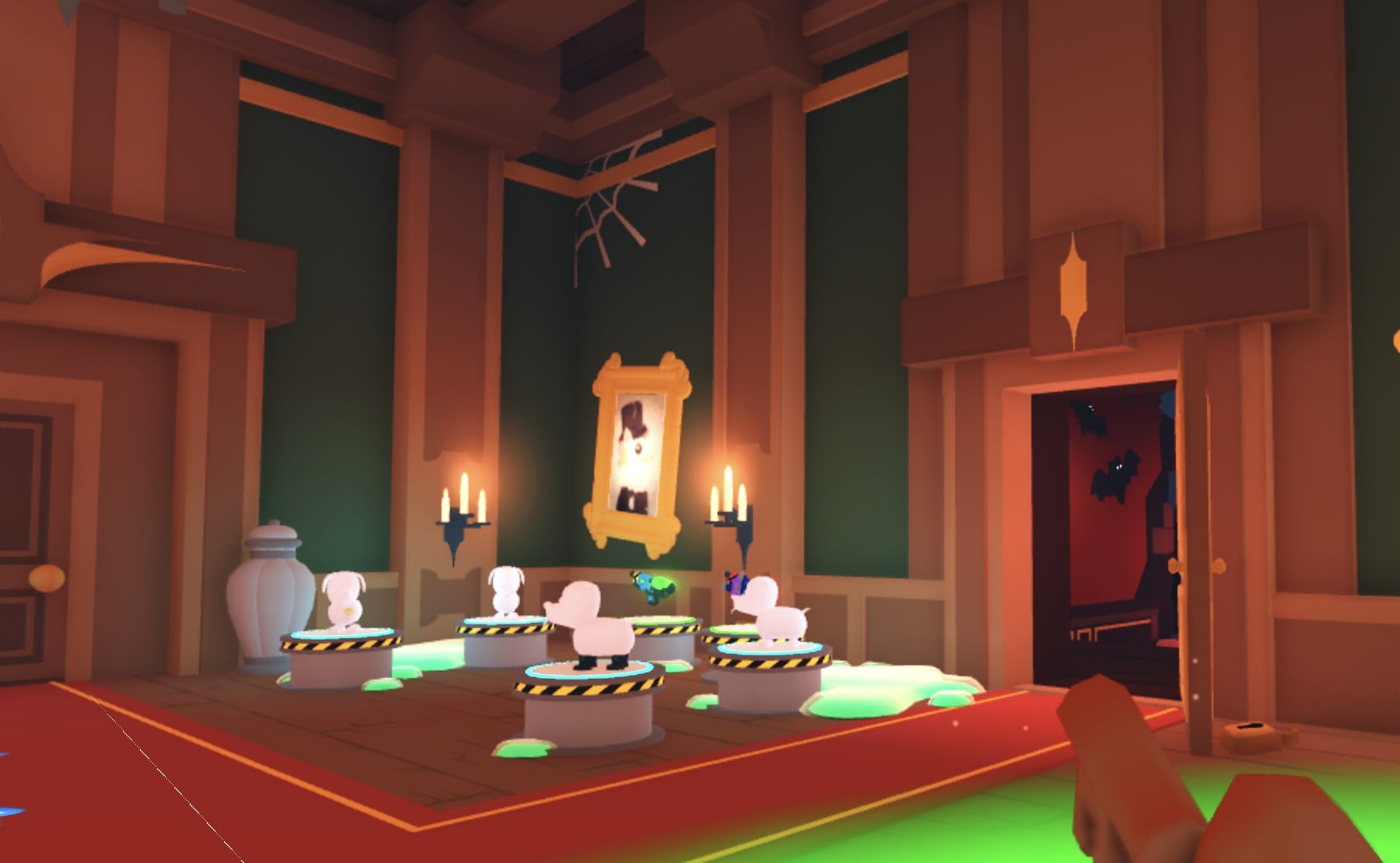 Ghost Gallery room in the Adopt Me Manor with an open doorway on the right wall showing a red room with black bats