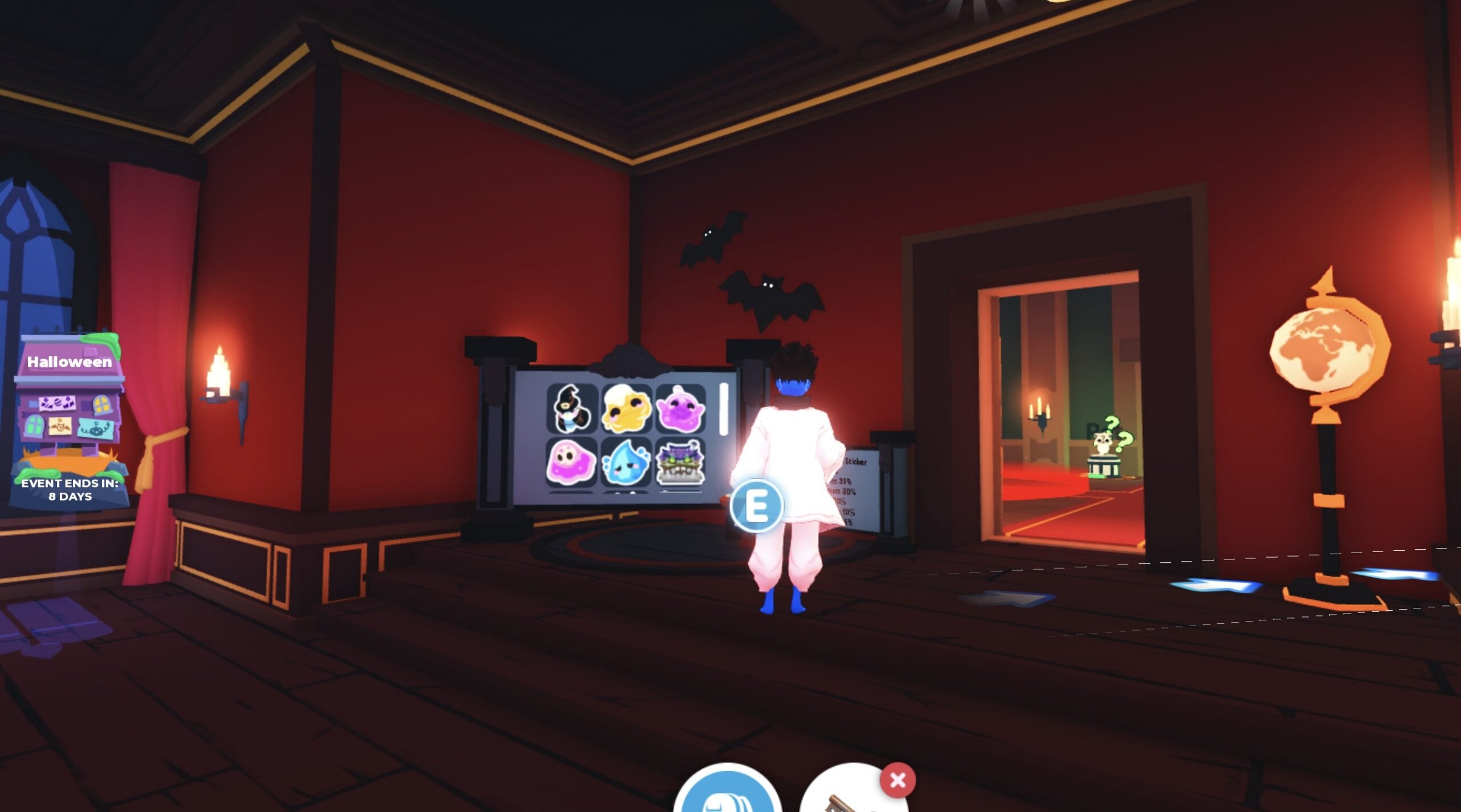 Count Slothula's red room in Adopt Me with the sticker display board, bats on the wall and the doorway back to the Ghost Gallery room