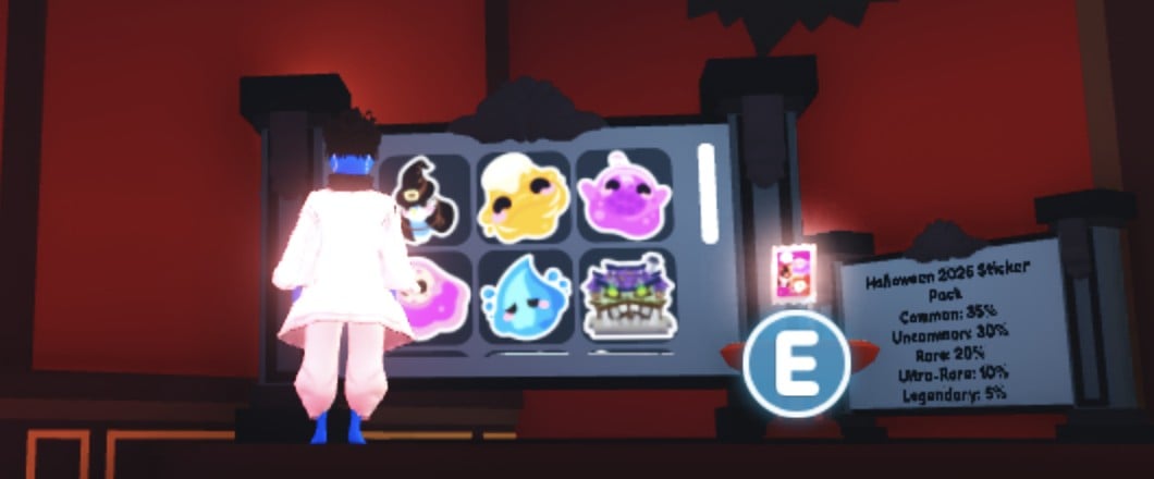 Adopt Me sticker display board with an E prompt on the small pedestal beside it and a sign listing Common 35% to Legendary 5%