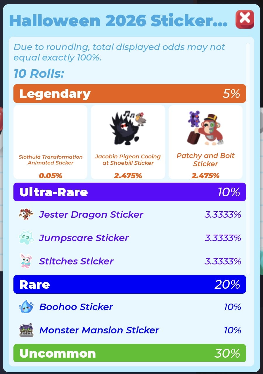 Top of the Halloween 2026 Sticker Pack odds panel in Adopt Me: 10 Rolls, Legendary 5%, Ultra-Rare 10%, Rare 20%