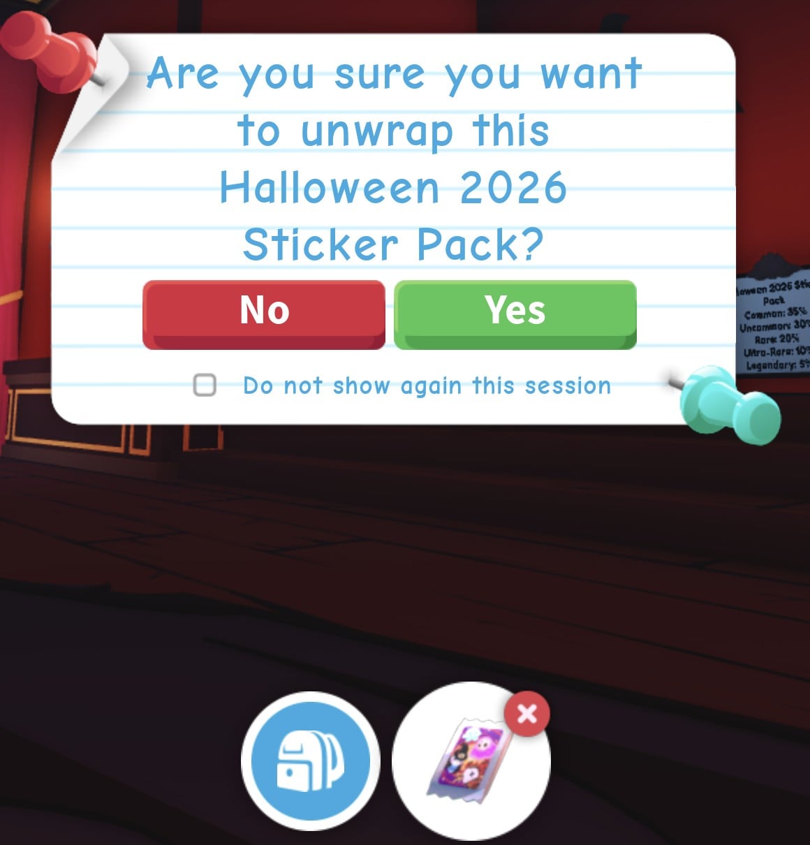 Adopt Me pop-up asking Are you sure you want to unwrap this Halloween 2026 Sticker Pack? with No and Yes, the pack in the hotbar below
