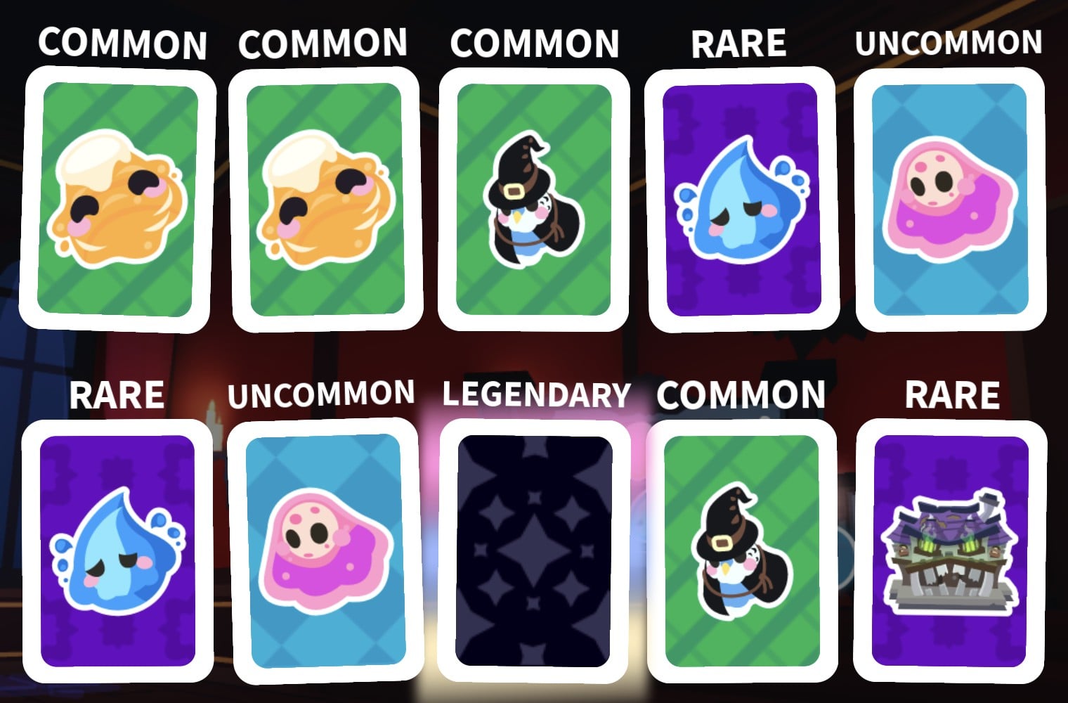 Ten opened sticker cards in Adopt Me: three Common, three Rare, two Uncommon, one Common and one dark Legendary card with rarity labels above