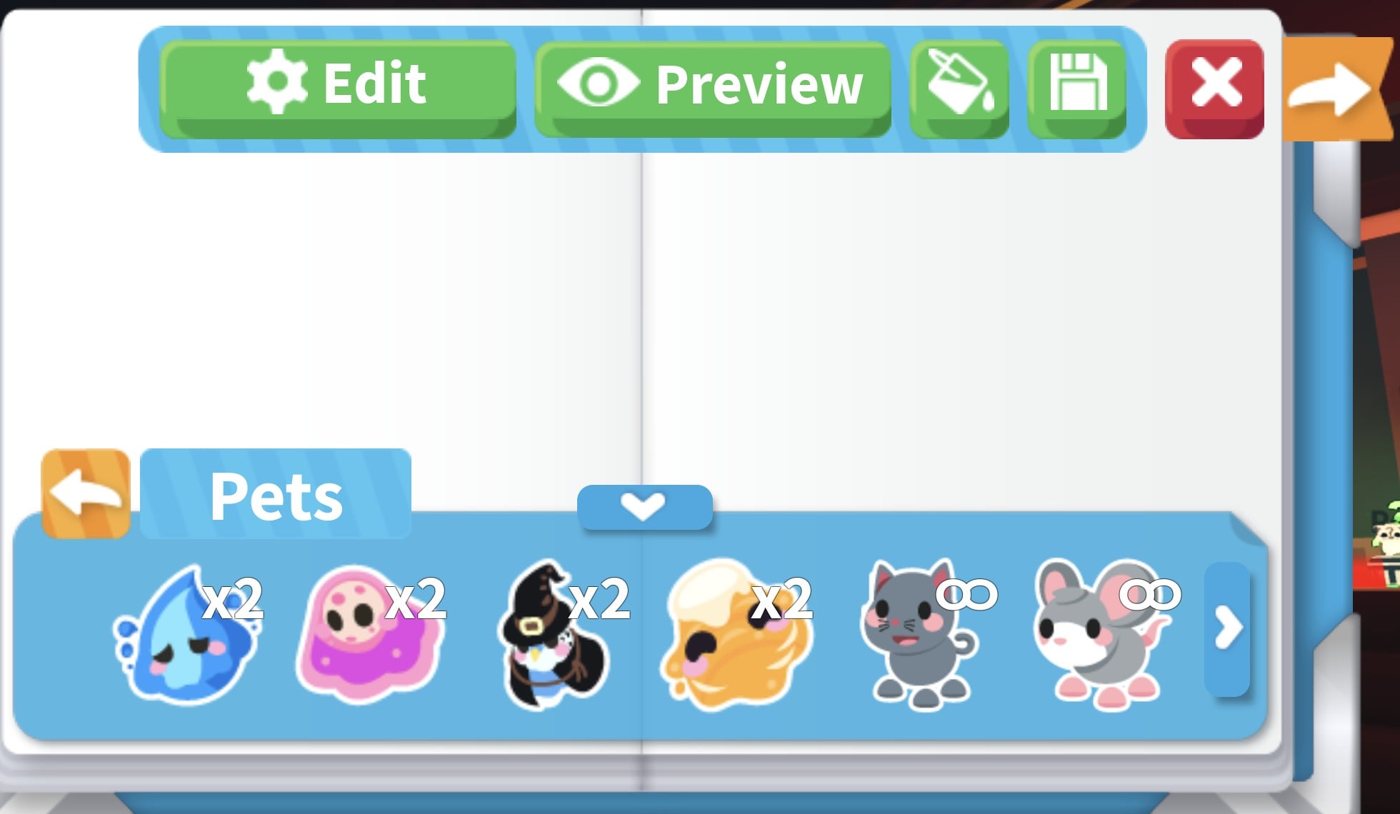 Adopt Me sticker book open on the Pets tab, showing Halloween stickers with x2 counts next to free stickers with an infinity sign