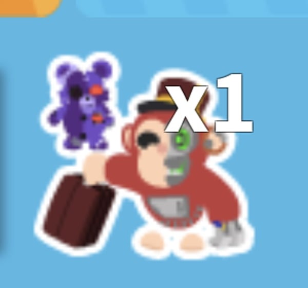 Patchy and Bolt Sticker in the Adopt Me sticker book: a half-robot monkey in red with a suitcase beside a purple teddy bear, marked x1