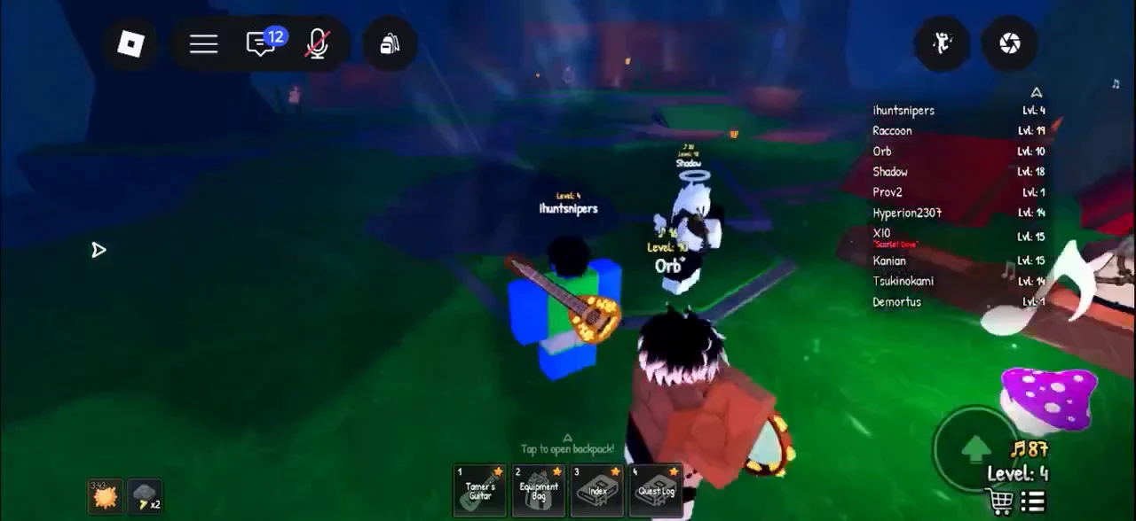 Grove camp view with the Tap to open backpack prompt above the hotbar near nearby characters