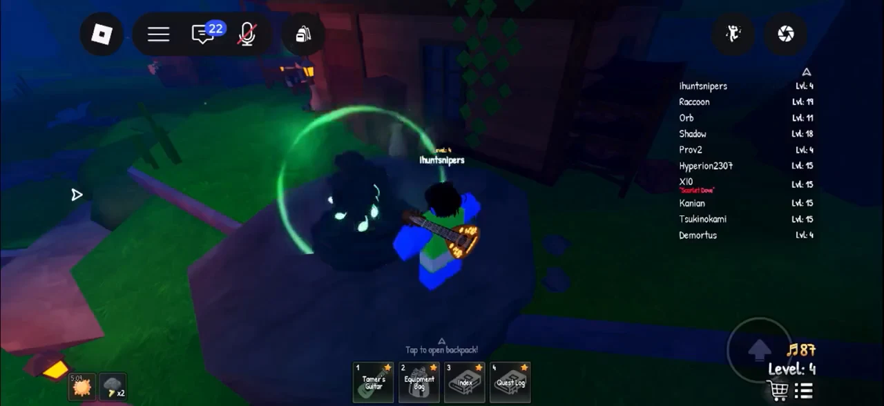 Avatar playing the Tamer's Guitar on a glowing creature with the instrument slot shown on the hotbar
