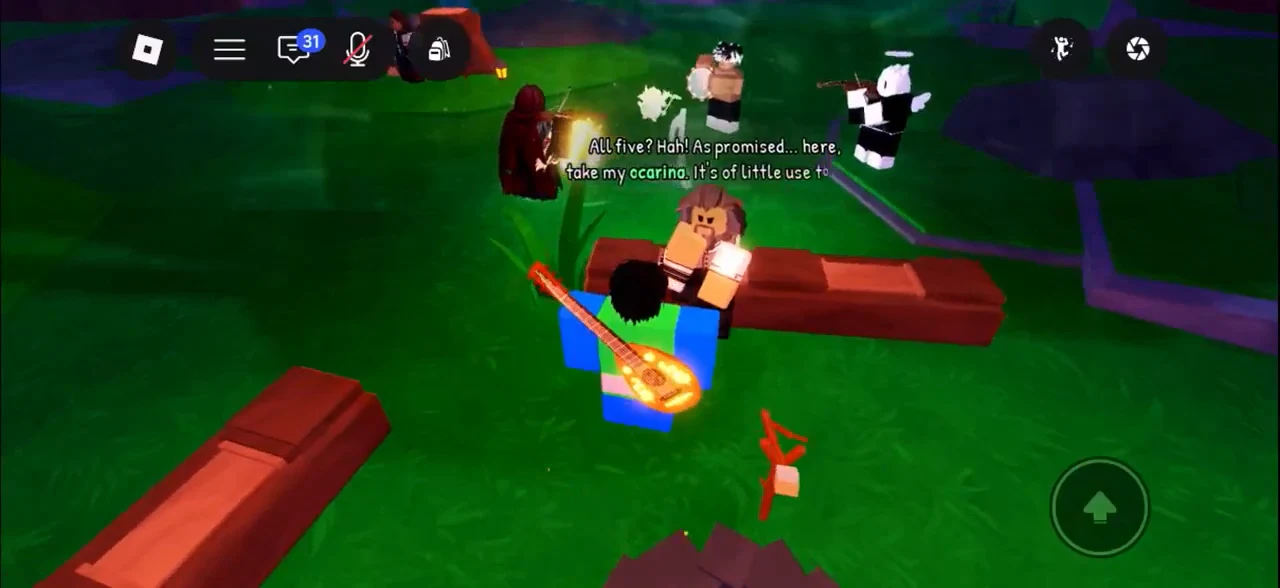The NPC dialogue confirms all five items and begins giving the player his ocarina