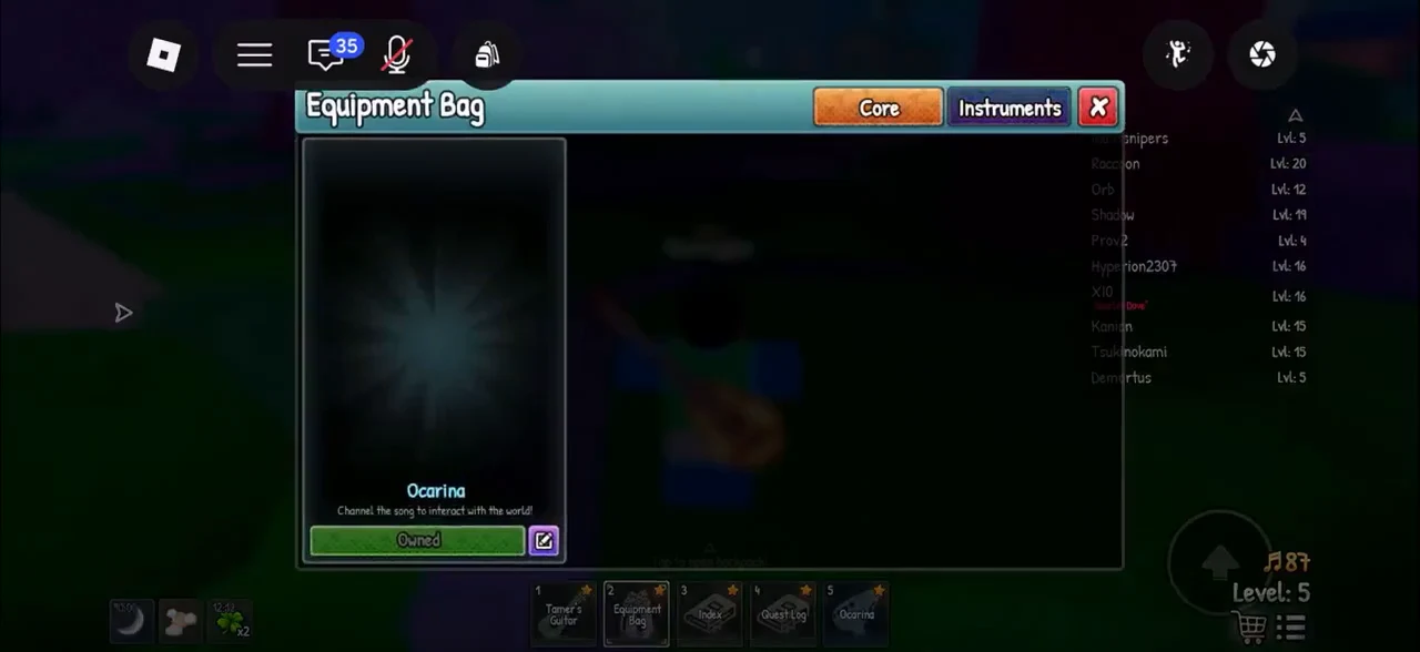 The Equipment Bag is open on the Core tab, displaying the owned Ocarina as the player views its item details