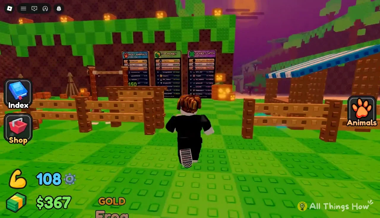 Avatar running toward the Top Money leaderboard with Index, Shop, and Animals buttons on screen