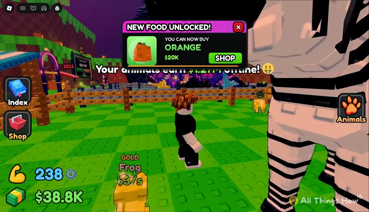 NEW FOOD UNLOCKED popup offering Orange for $20K with a Shop button