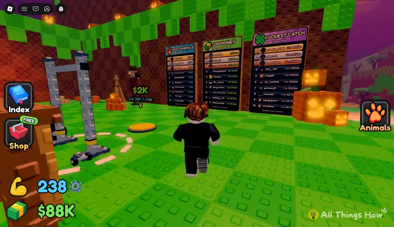 Wall-mounted Most Animals, Top Money, and Luckiest Catch leaderboards in the hub
