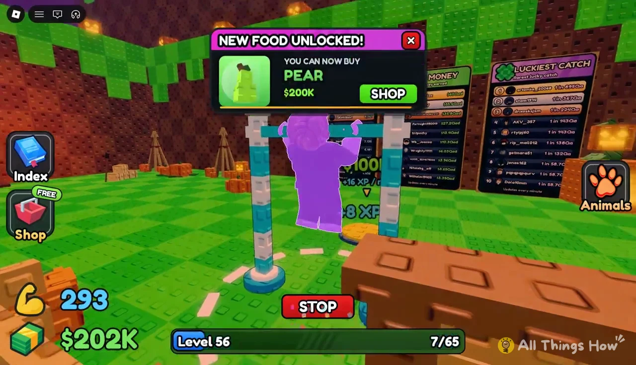 Pear unlock popup at $200K appearing while the avatar trains between the bar posts