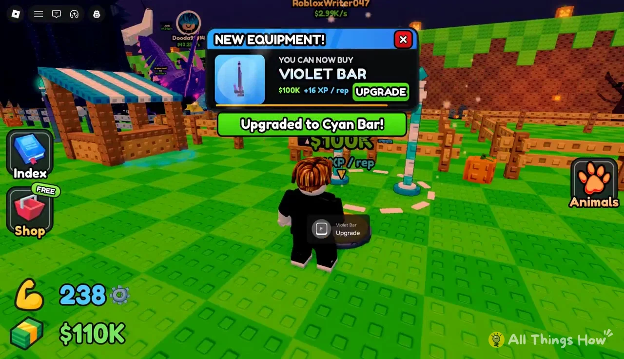Violet Bar upgrade offered at $100K beside an Upgraded to Cyan Bar confirmation
