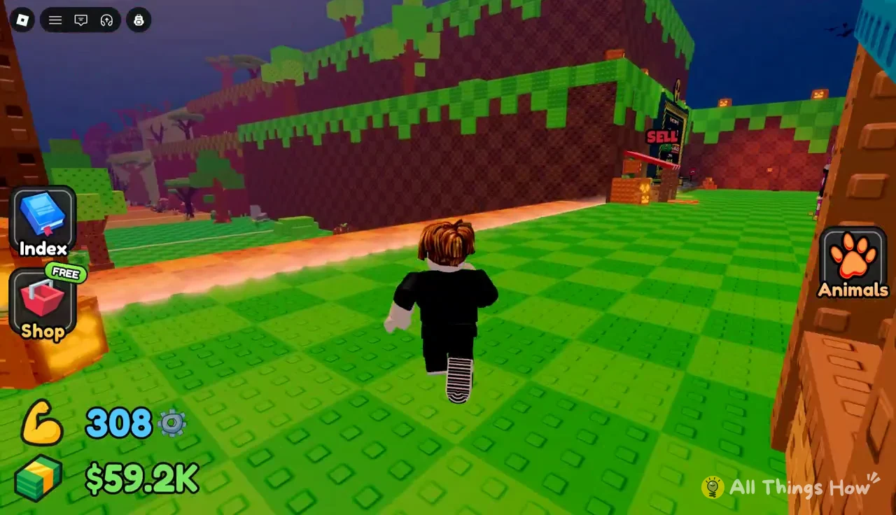 Avatar running over the green field past the SELL booth, HUD buttons along the side