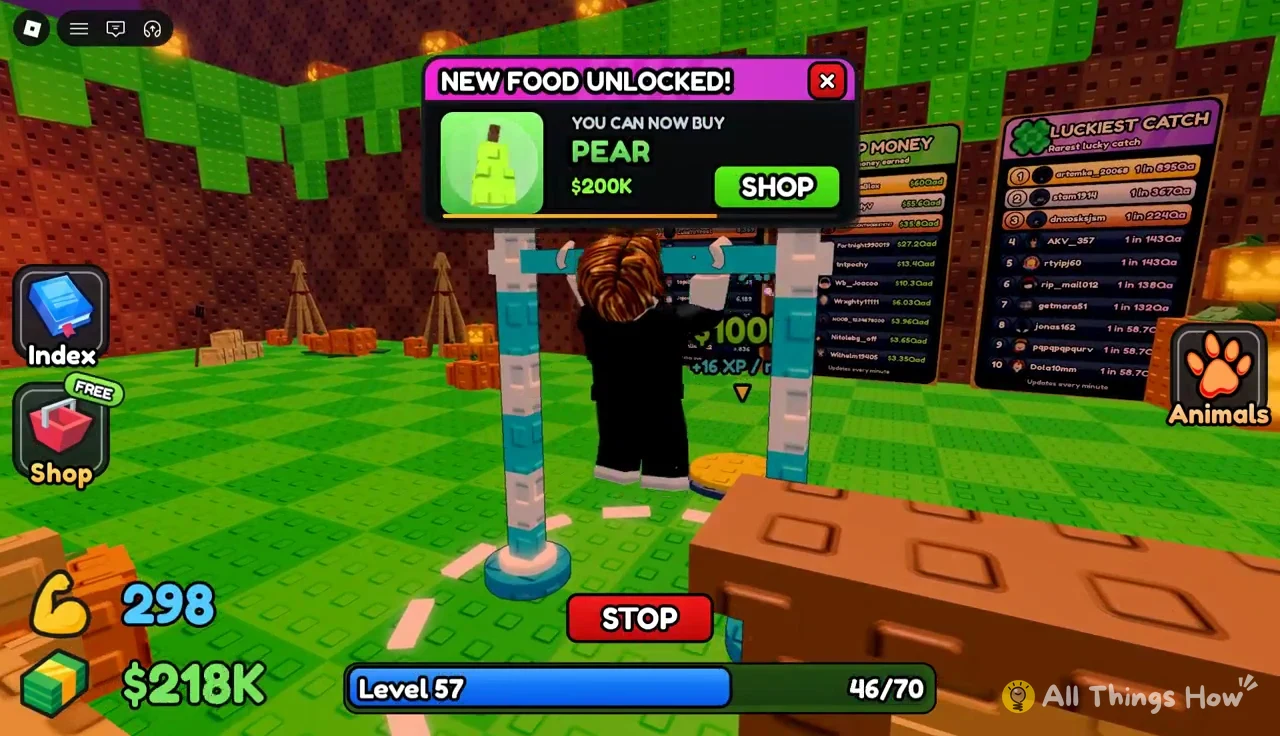 Pear unlock popup at $200K with a green SHOP button shown during a workout