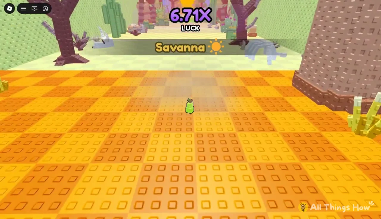 Savanna banner with a 6.71X Luck indicator as food arrives in the zone